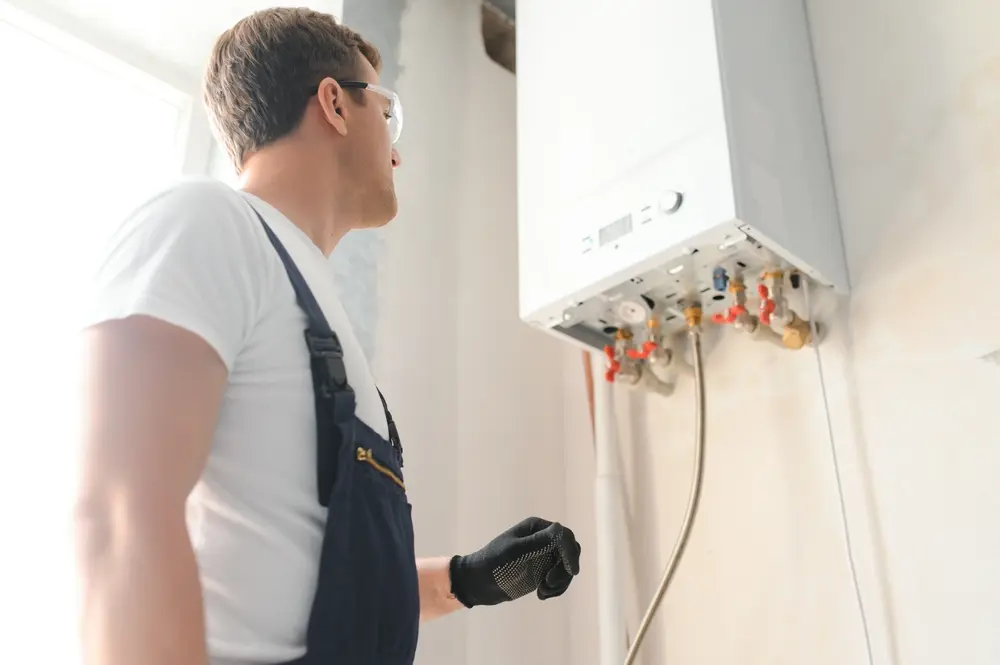 professional plumber checking boiler and pipes, boiler repair service