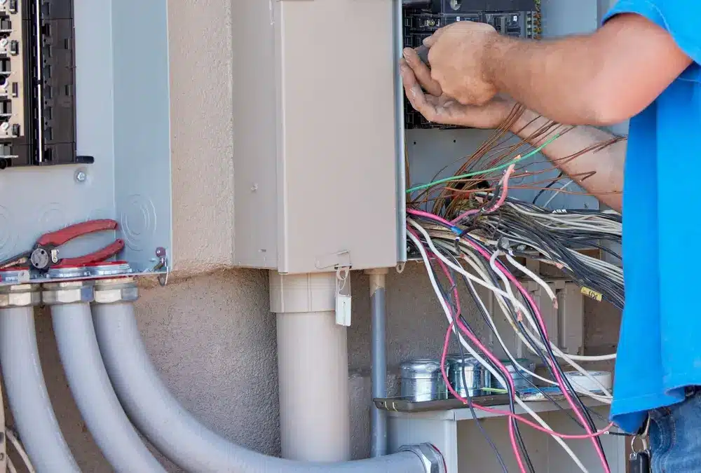 electrician installing a transfer switch for a whole-home generator